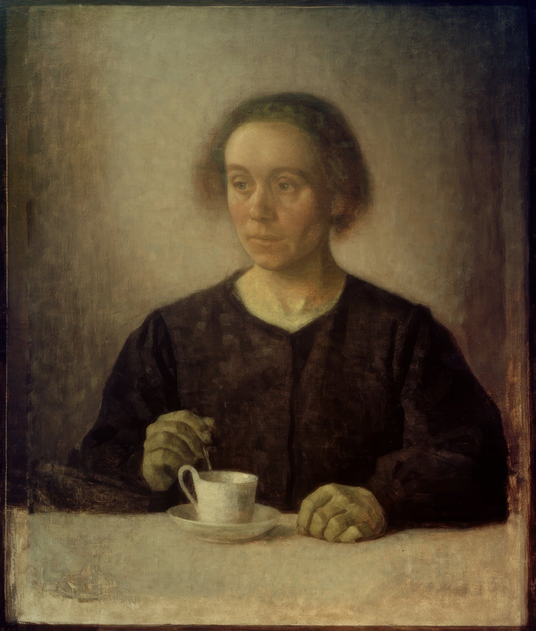 Vrouw van de kunstenaar met theekopje door Vilhelm Hammershoi