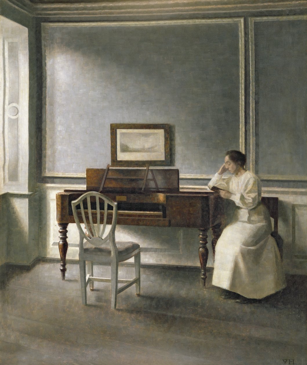 Vrouw die leest bij een Piano, 1907 door Vilhelm Hammershoi
