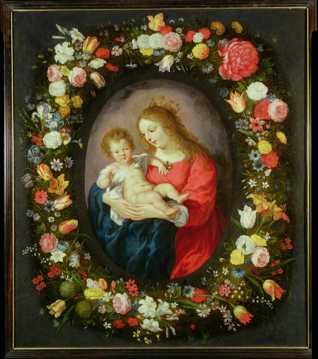 Madonna en kind in een bloemenkrans door Vincent Sellaer