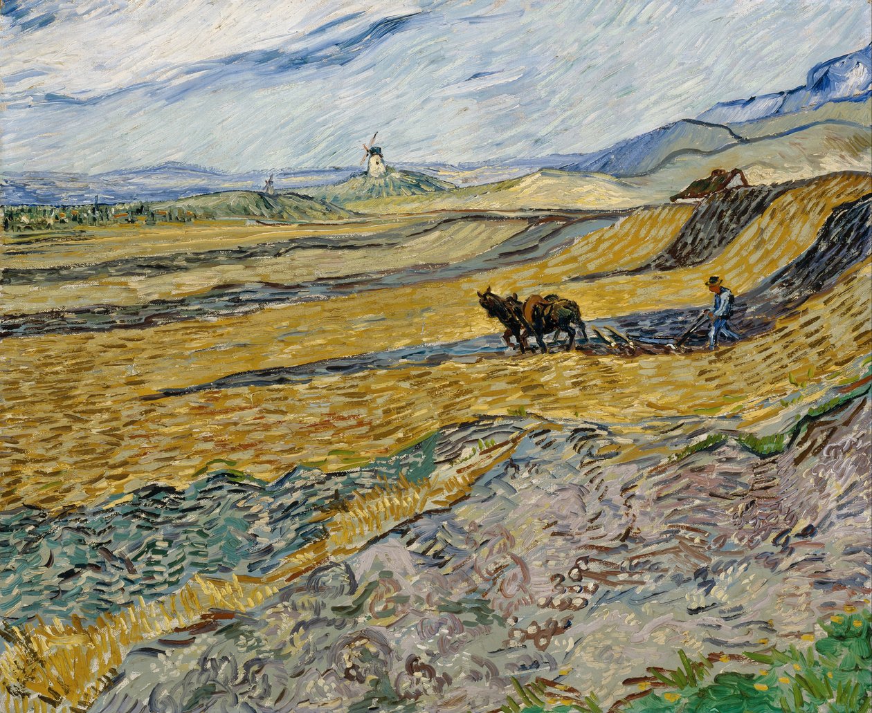 Omheind veld met ploeger door Vincent van Gogh