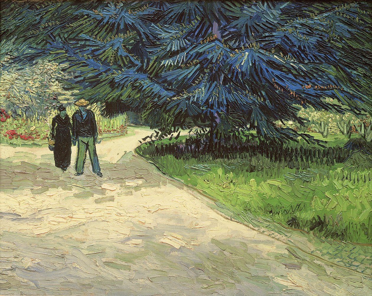 Openbare tuin met paar en blauwe spar: De tuin van de dichter III, 1888 door Vincent van Gogh