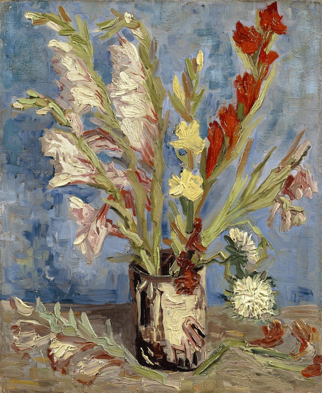 Vaas met Tuingladiolen en Chinese Asters door Vincent van Gogh