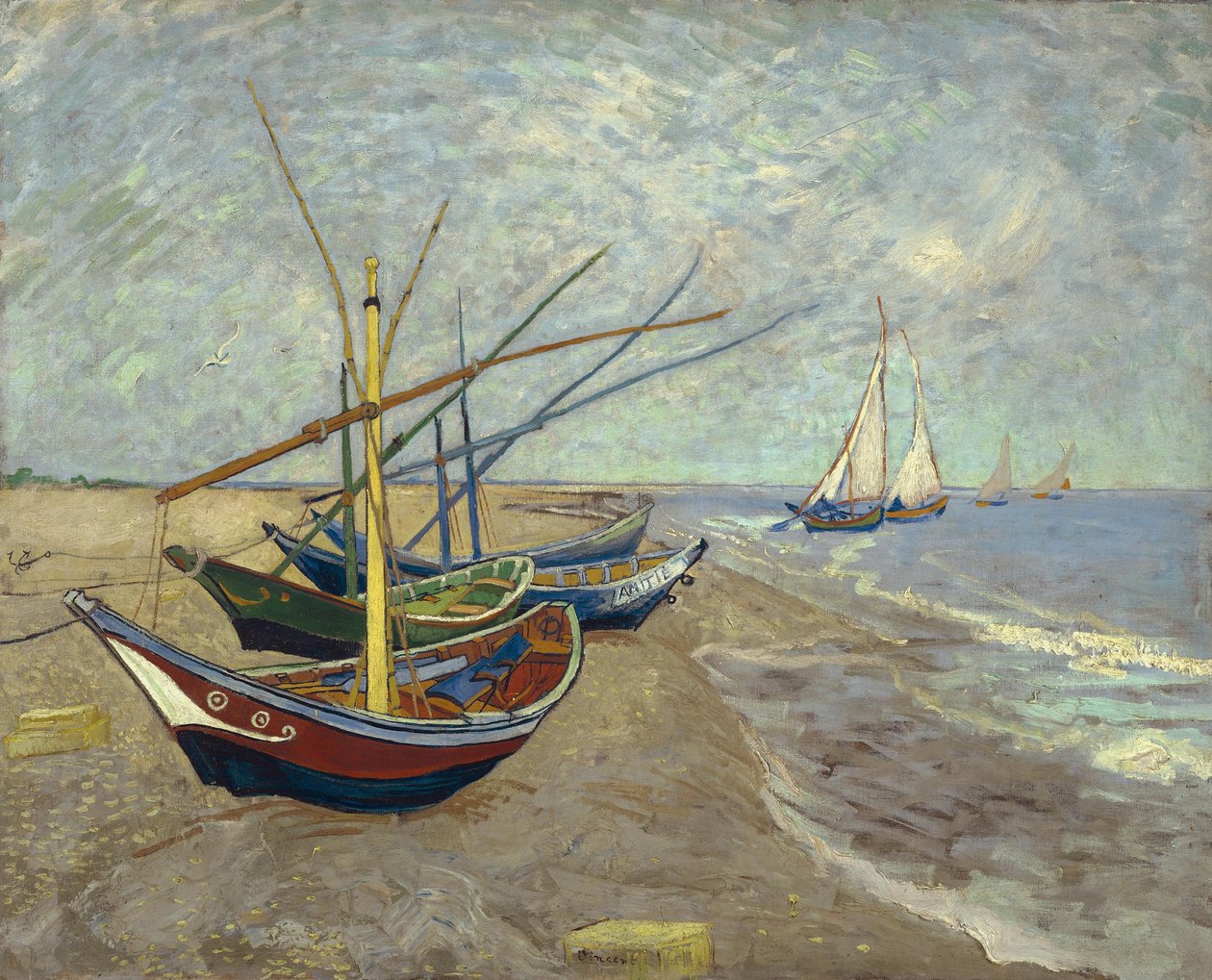 Vissersboten op het Strand van Les Saintes-Maries-de-la-Mer door Vincent van Gogh