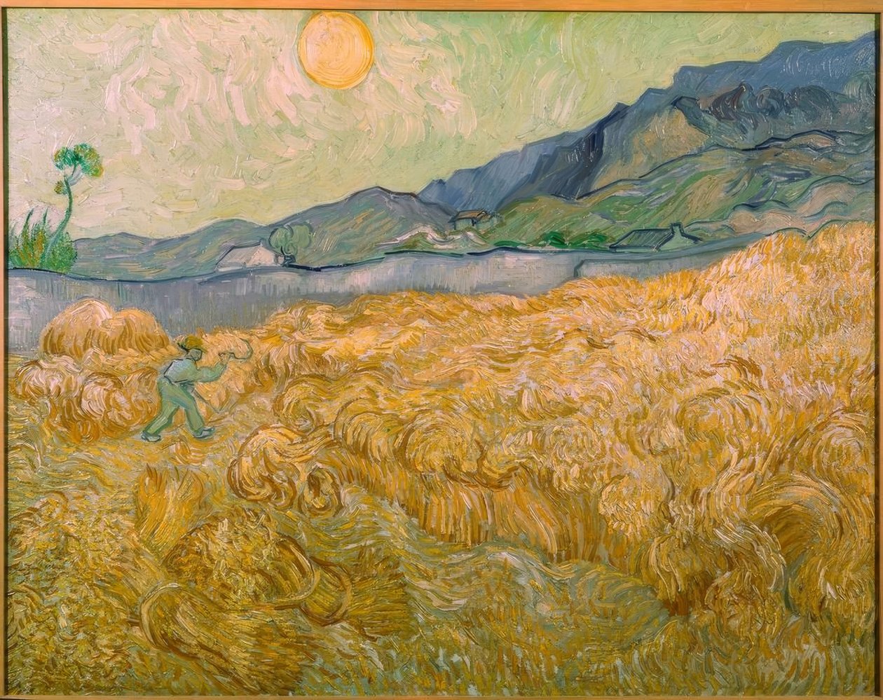 Tarweveld met maaier bij opkomende zon door Vincent van Gogh
