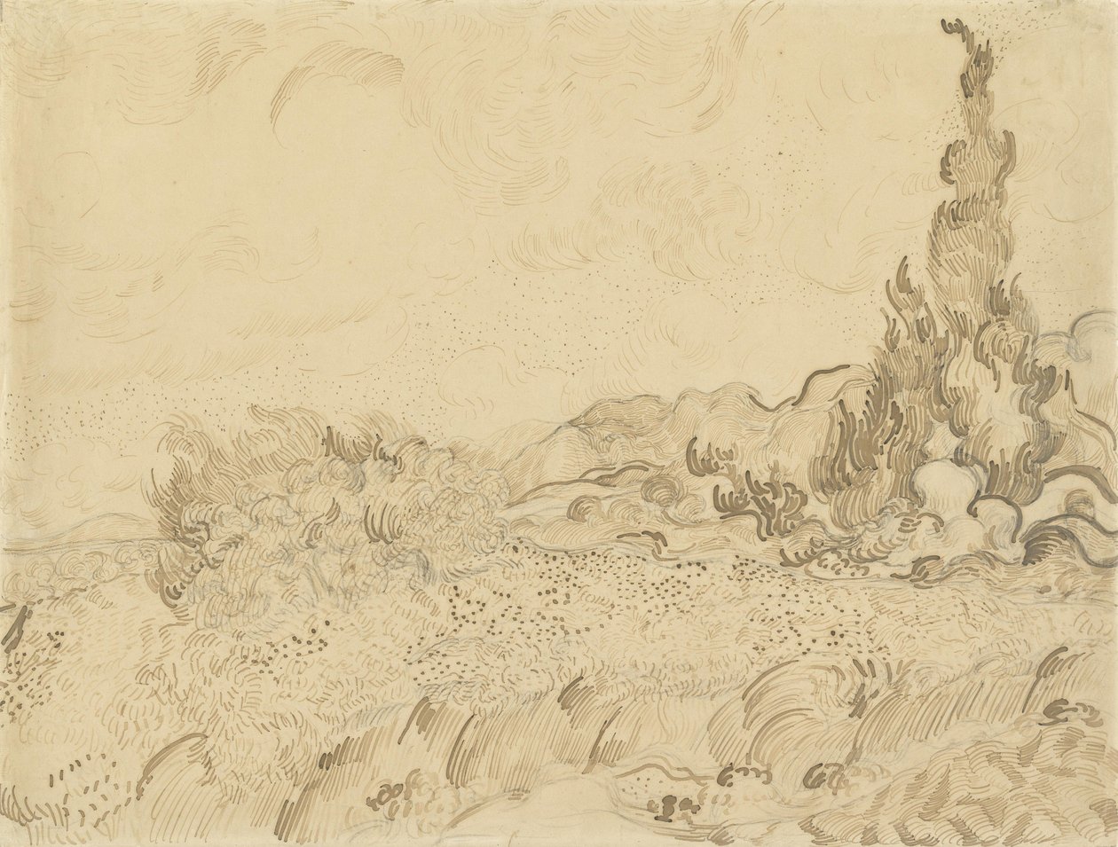 Tarweveld met cipressen door Vincent van Gogh