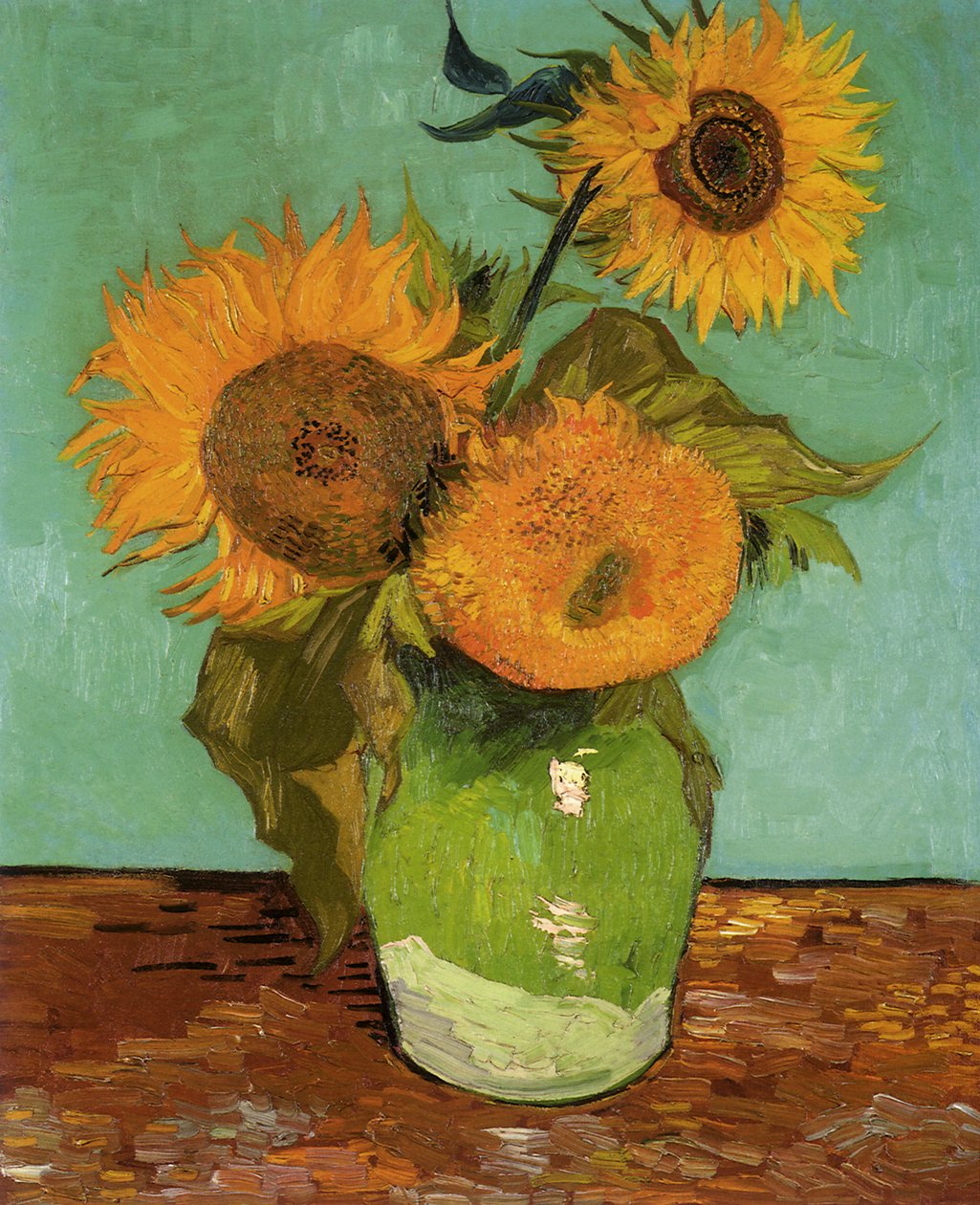 Drie zonnebloemen in een vaas door Vincent van Gogh