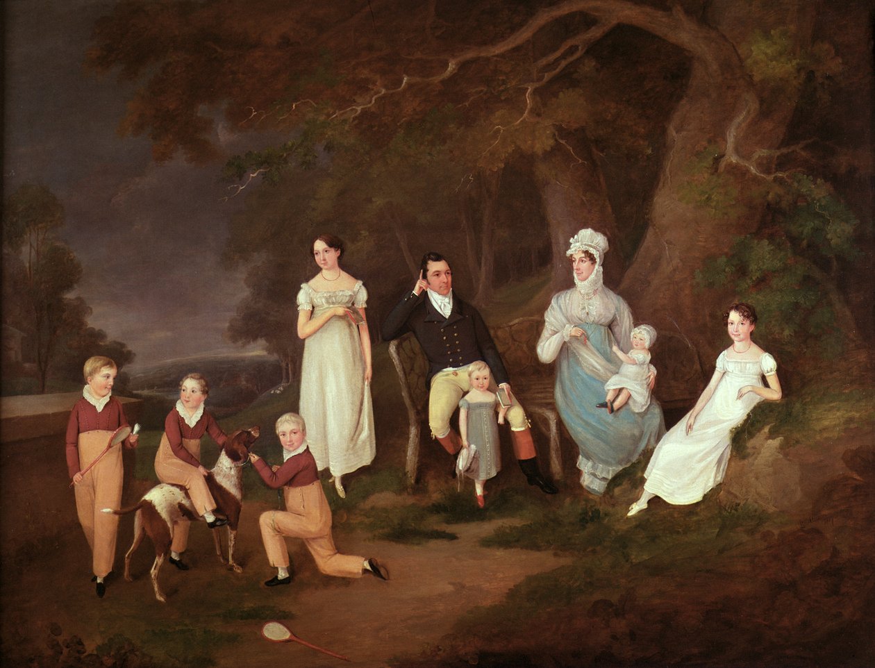 Groepsportret van een Squire, zijn vrouw en kinderen aan de rand van het New Forest, 1817 door W. Allison