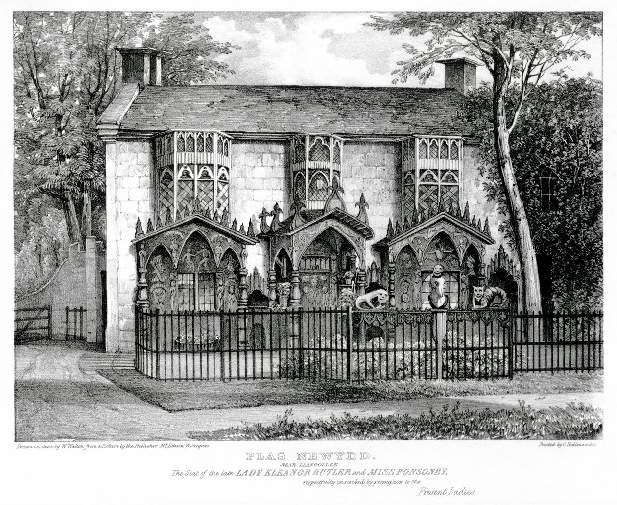 Plas Newydd, nabij Llangollen, zetel van wijlen Lady Eleanor Butler (c.1745-1829) en Miss Sarah Ponsonby (d.1831), gedrukt door Charles Joseph Hullmandel (1789-1850) door W. after Walton