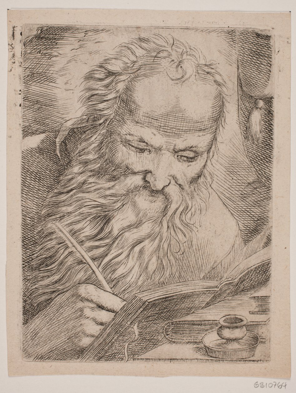 Een oude man schrijft in een boek door W.A. Müller