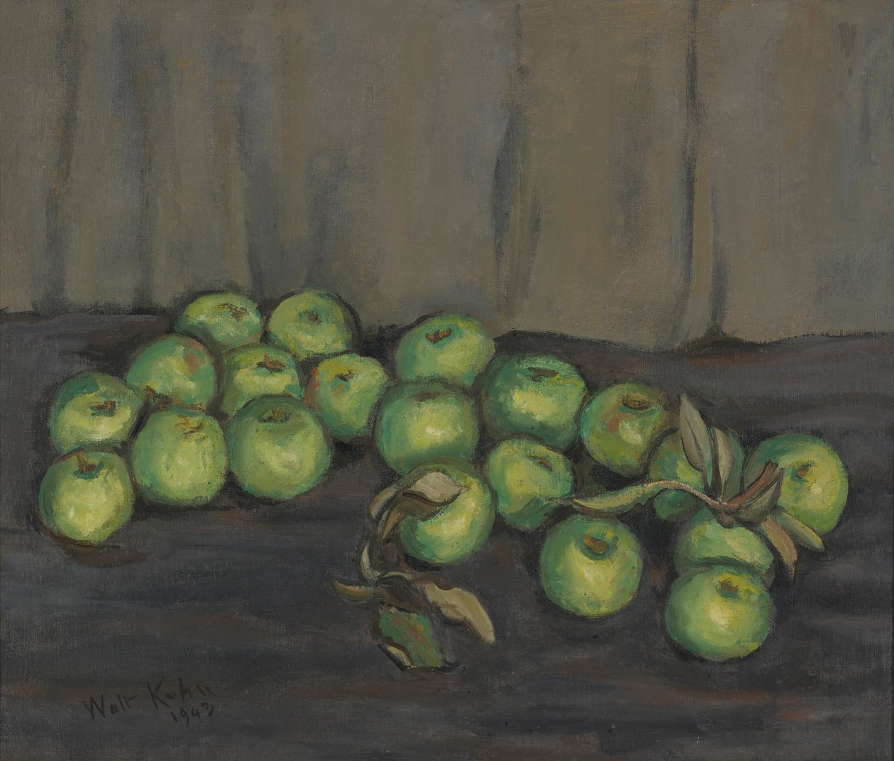 Groene Appels met Grijs Gordijn door Walt Kuhn