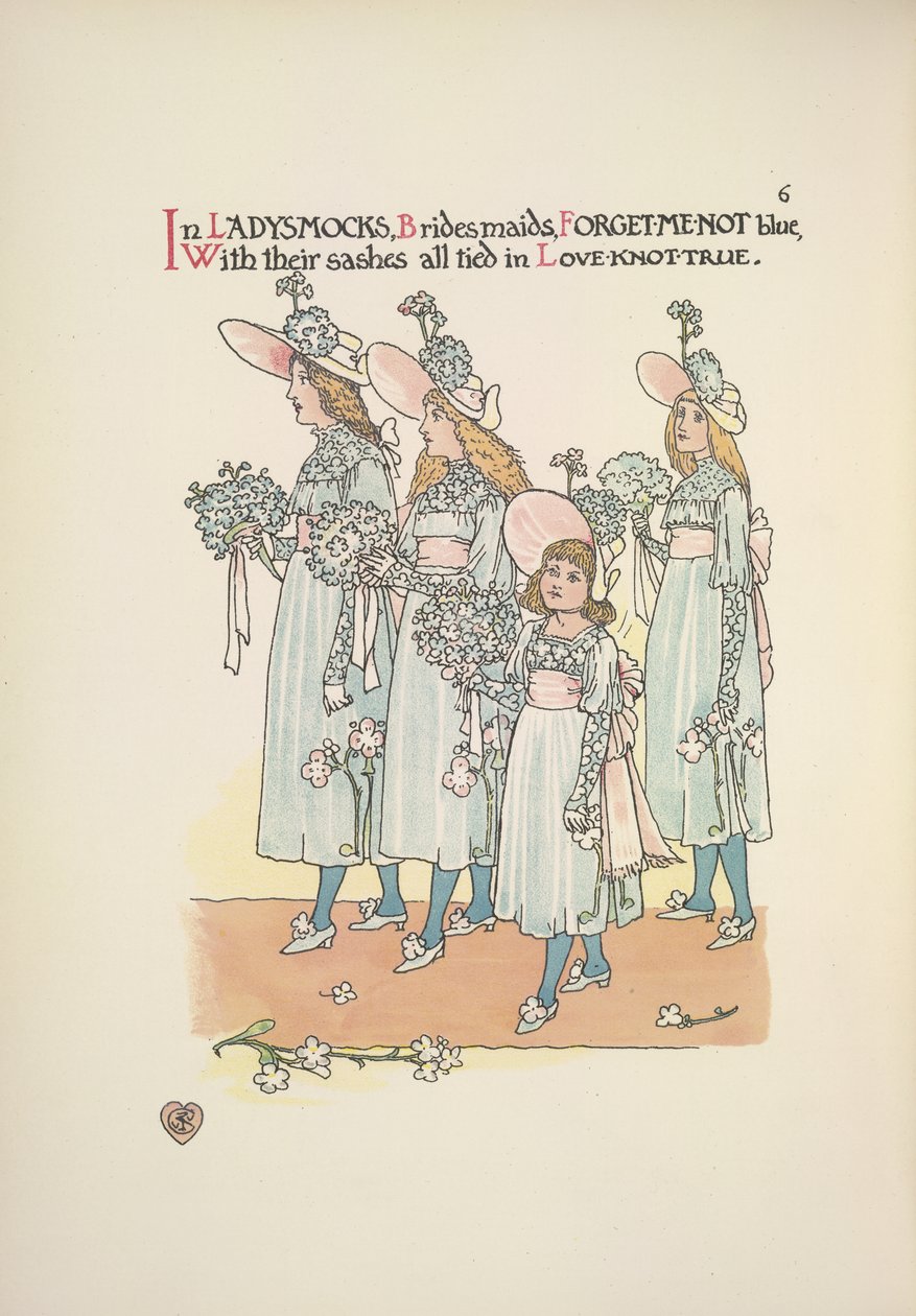 Bruidsmeisjes in vergeet-mij-niet blauwe ladysmocks door Walter Crane