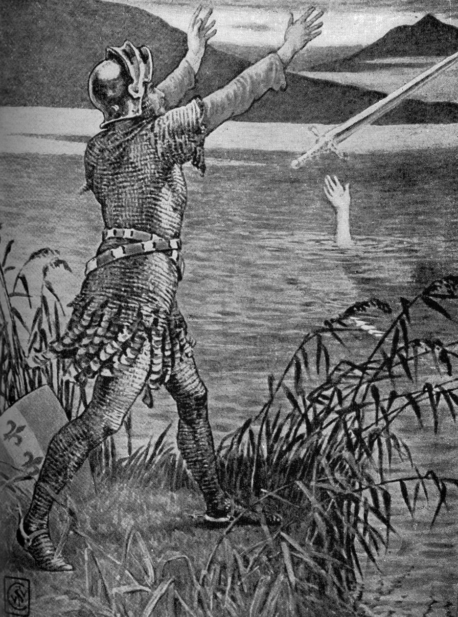 Koning Arthur - Sir Bedivere gooit Excalibur weg. door Walter Crane