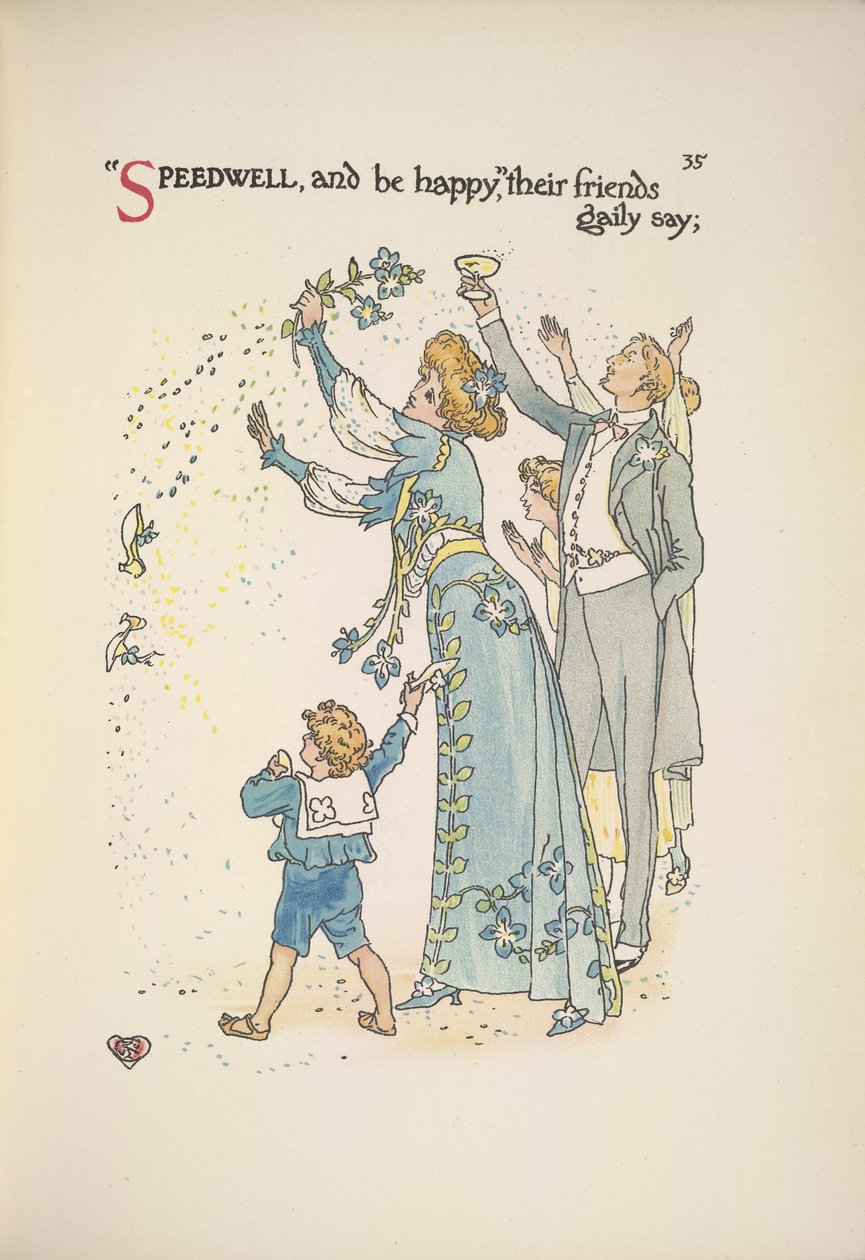 Speedwell. De bruiloftsgasten gooien confetti door Walter Crane