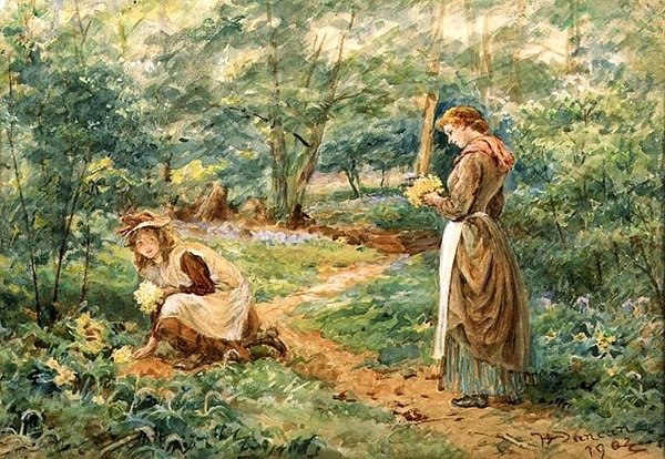 Meisjes die wilde bloemen plukken door Walter Duncan
