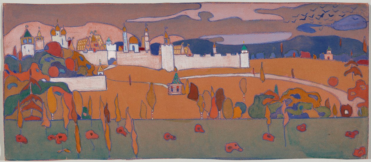 Ommuurde stad in herfstlandschap door Wassily Kandinsky