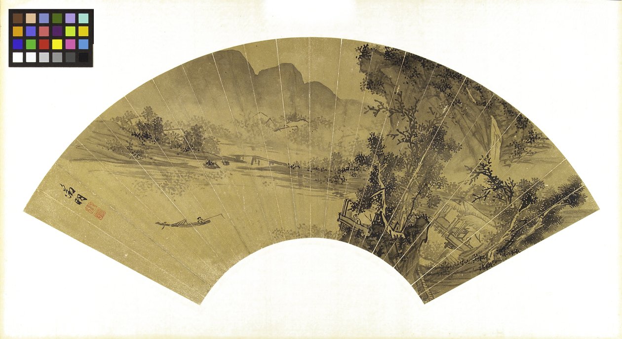 Landschap met Meer, Brug en Visser door Wen Zhengming