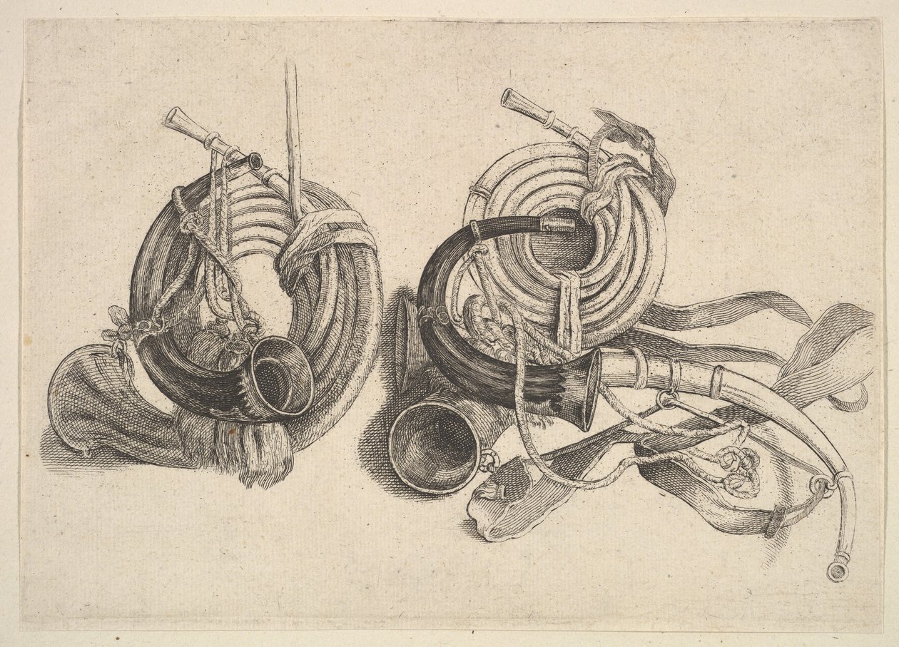 Vijf jachthoorns, 1625-77 door Wenceslaus Hollar