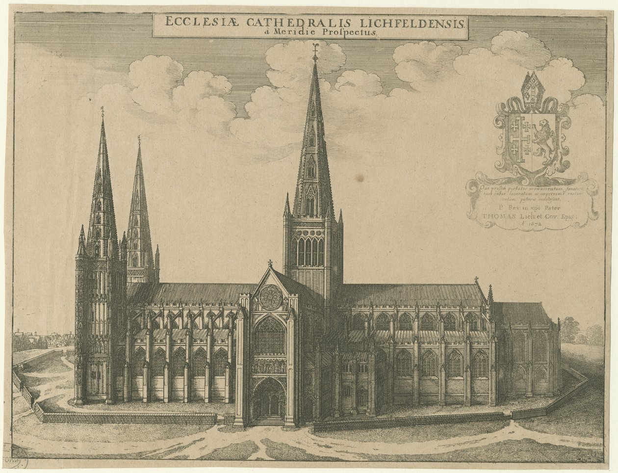 Lichfield Kathedraal - Zuidaanzicht: gravure door Wenceslaus Hollar