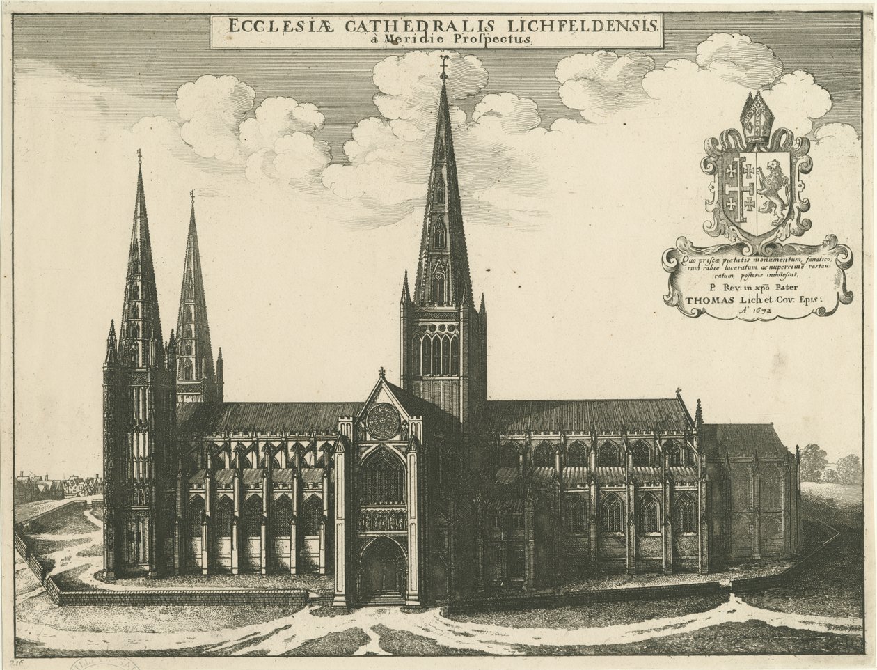 Lichfield Kathedraal - Zuidelijk uitzicht: gravure, 1672 door Wenceslaus Hollar