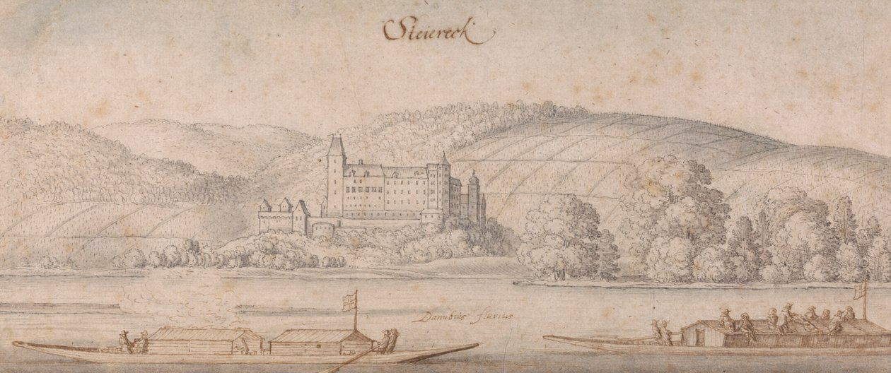 Uitzicht op Steiereck aan de Donau door Wenceslaus Hollar