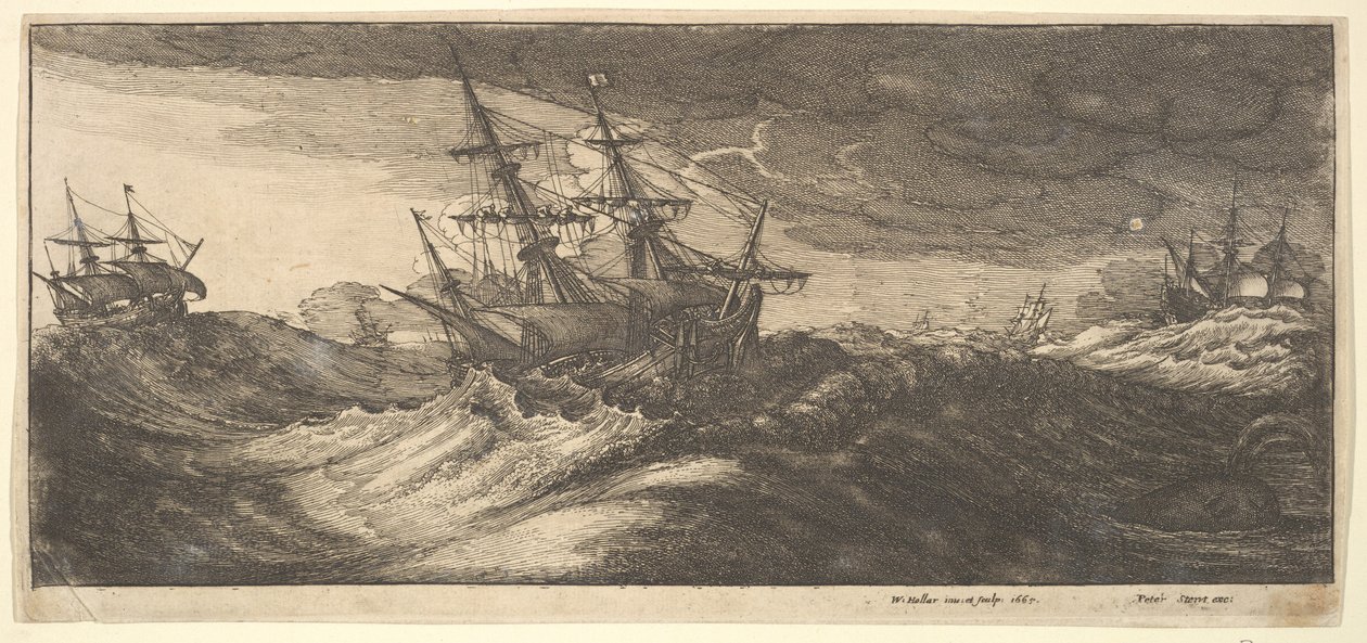 Oorlogsschip en een spuitende walvis, 1665 door Wenceslaus Hollar