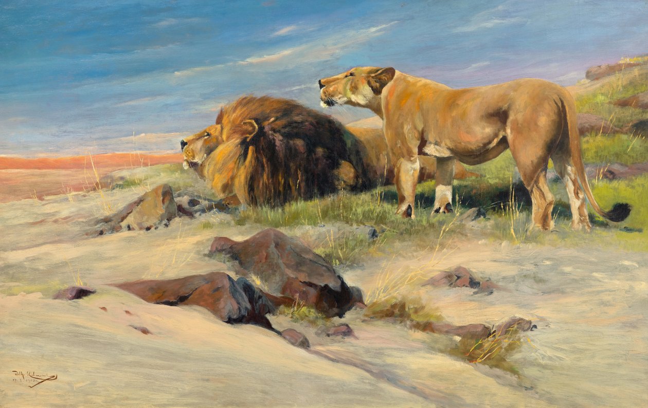 Leeuwenpaar in de steppe door Wilhelm Kuhnert