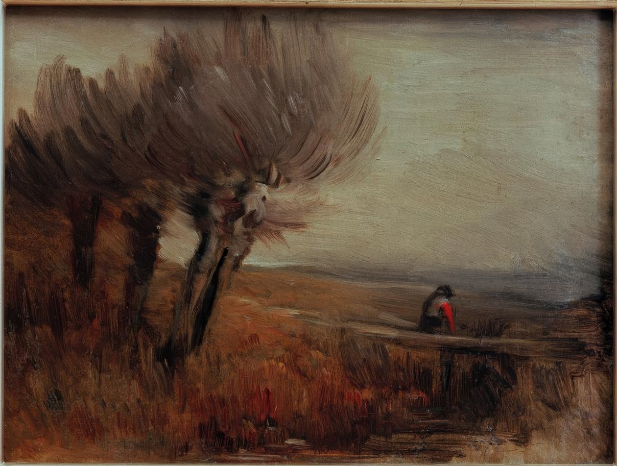 Vlak landschap met drie knotwilgen door Wilhelm Busch