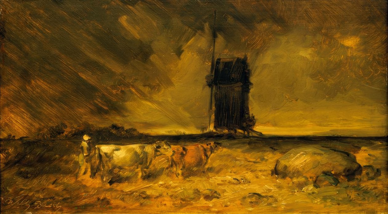 Groot onweerslandschap met windmolen door Wilhelm Busch