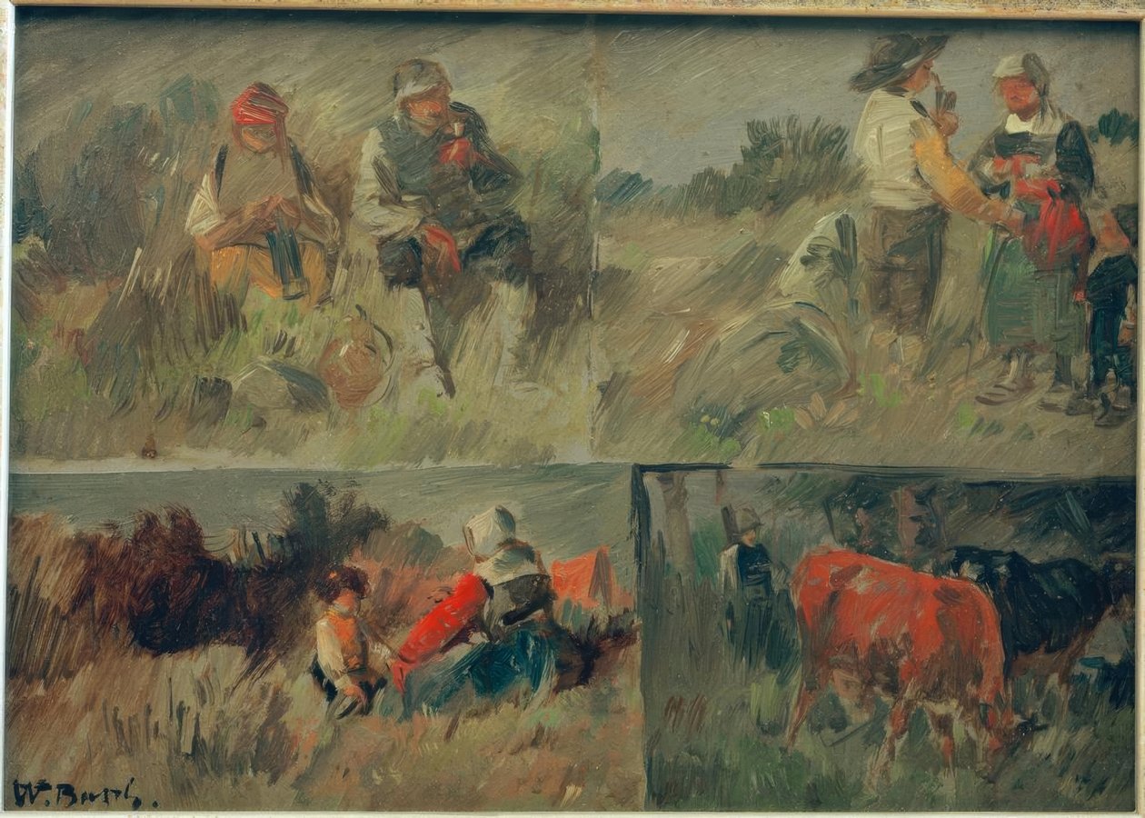 Verzamelbeeld: vier landelijke scènes door Wilhelm Busch