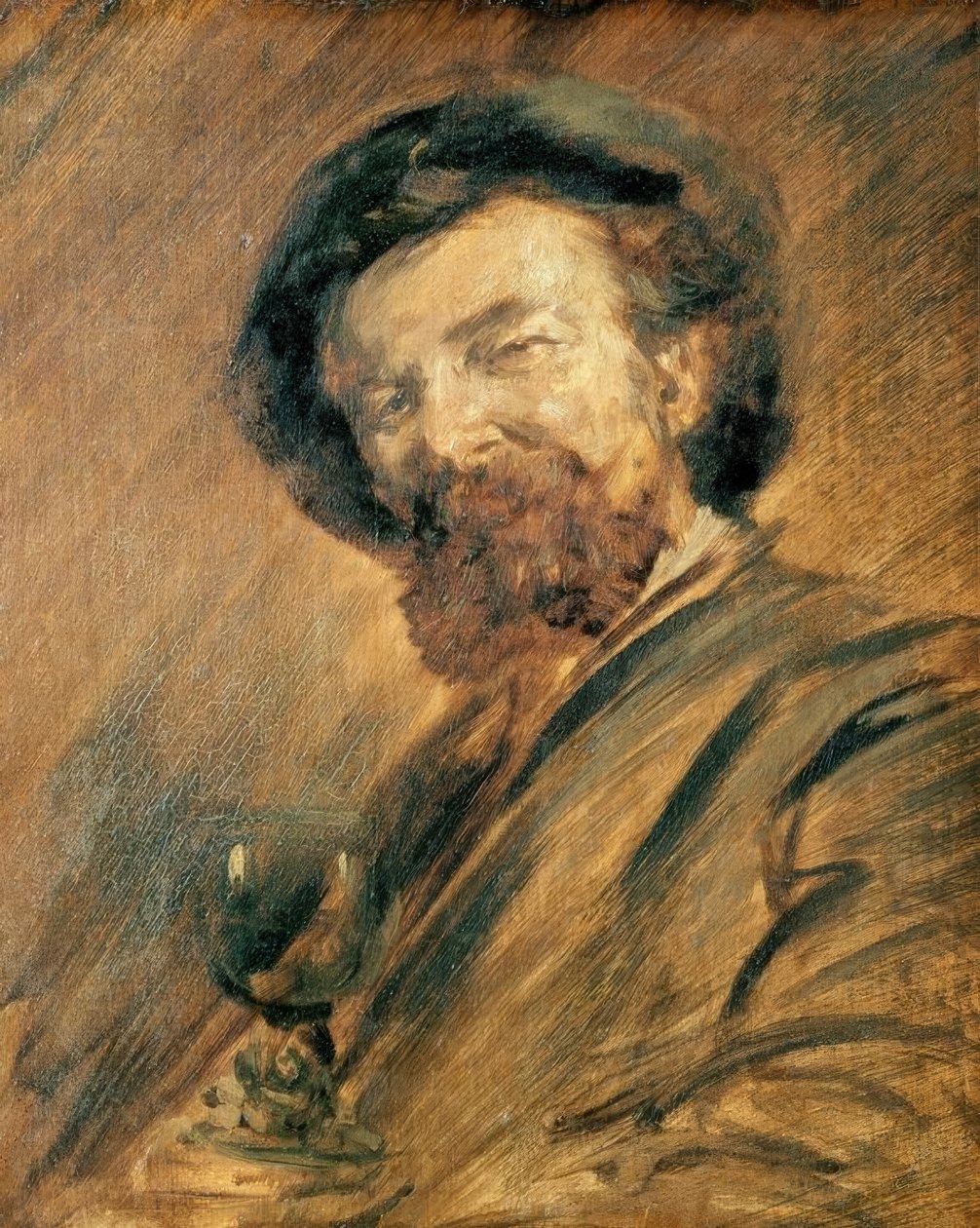 Zelfportret met wijnglas door Wilhelm Busch