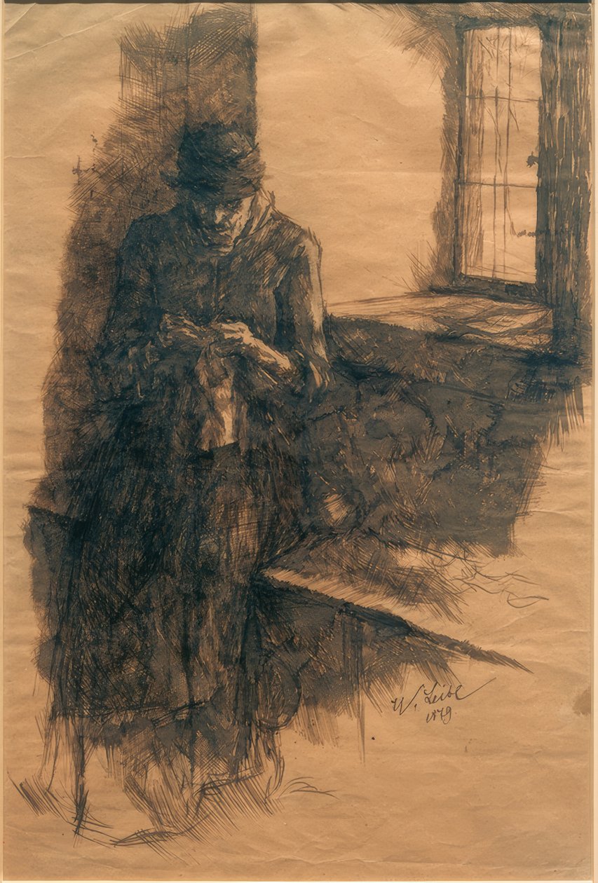 Oude boerin, breiend door Wilhelm Maria Hubertus Leibl