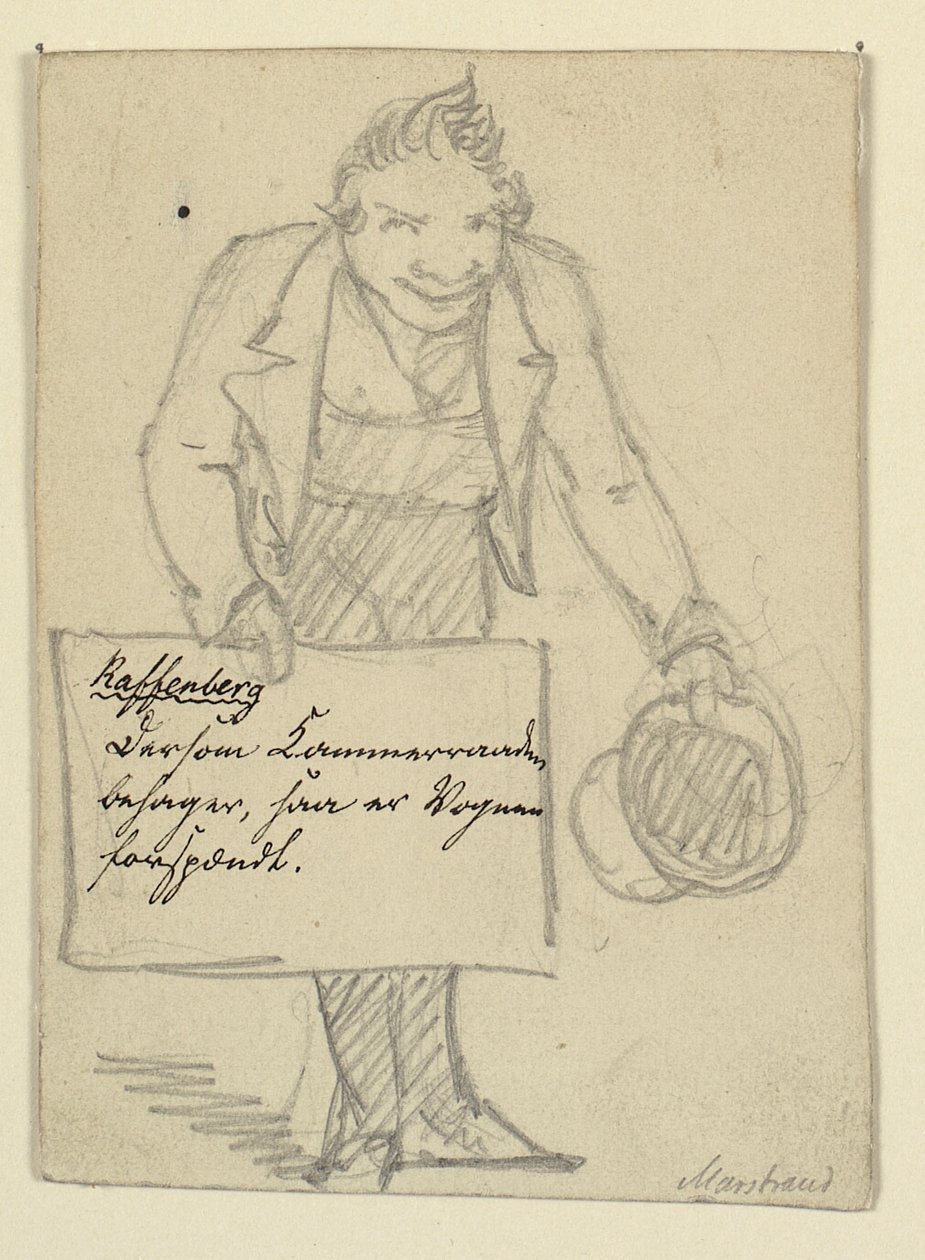 Buigende koetsier. Uitnodiging (voor Raffenberg) door Wilhelm Marstrand