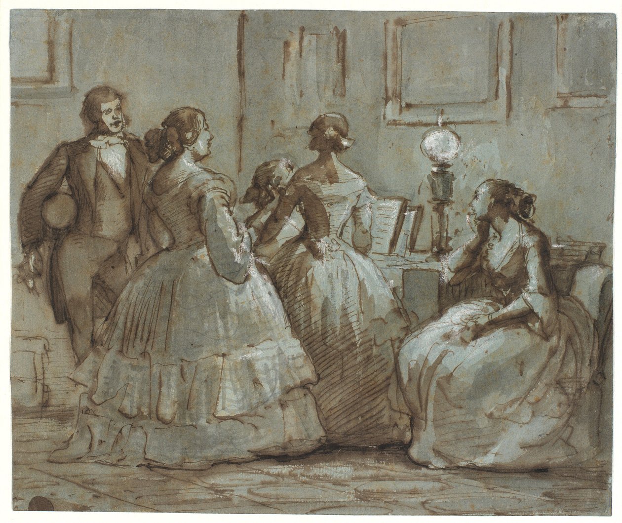 Kopenhaagse gezelschapsscene, er wordt muziek gemaakt door Wilhelm Marstrand