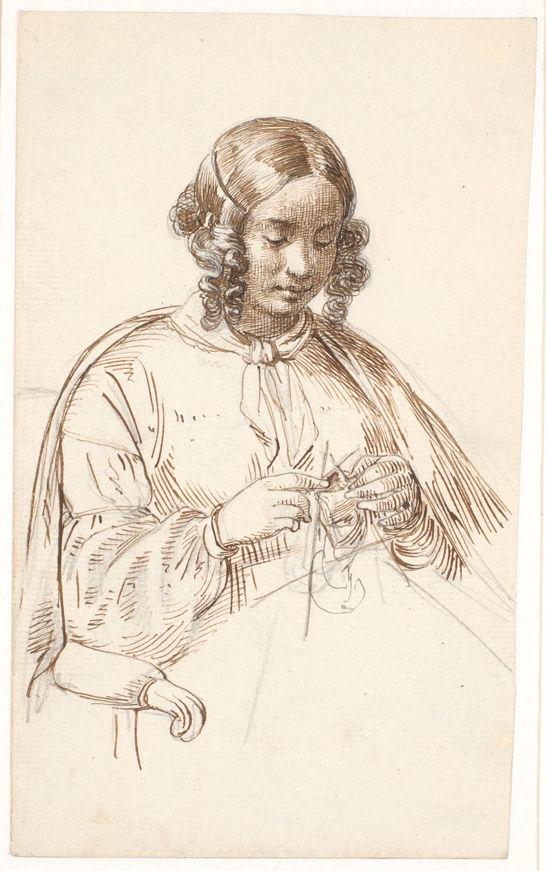 Jonge breiende dame, halve figuur door Wilhelm Marstrand