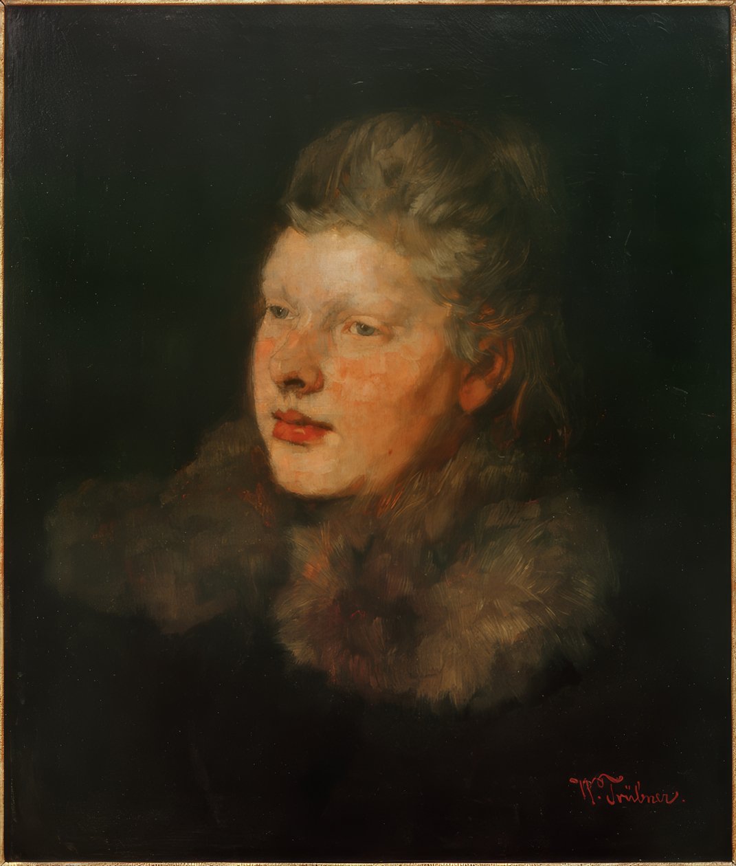 Blondine met bont door Wilhelm Trübner