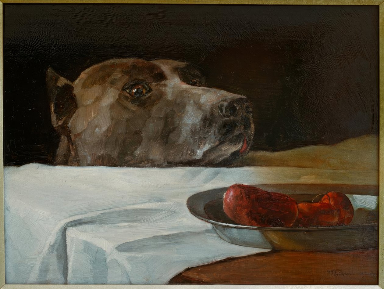 Dog met worstschaal door Wilhelm Trübner