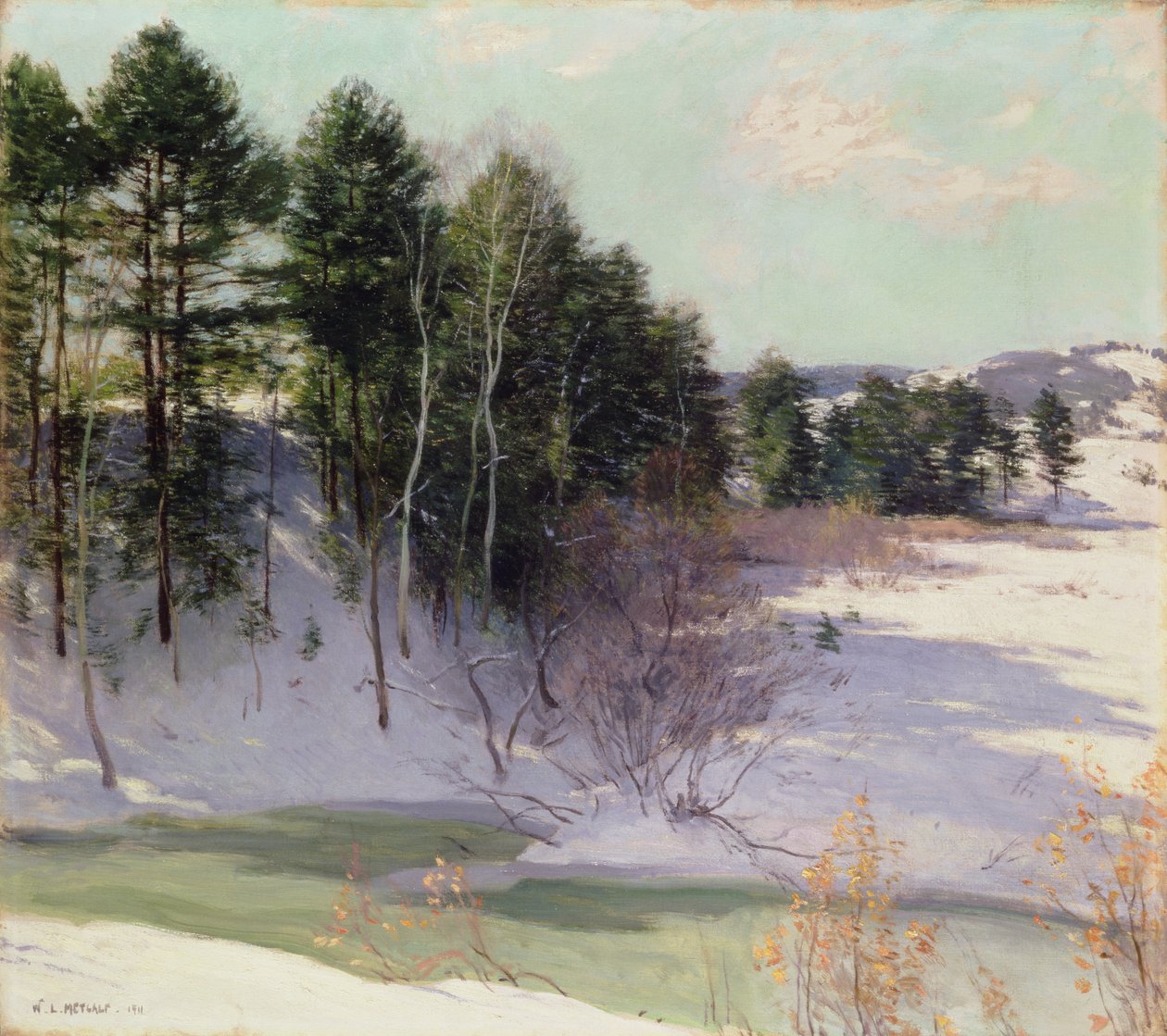 Dooiende Beek (Winter Schaduwen) 1911 door Willard Leroy Metcalf