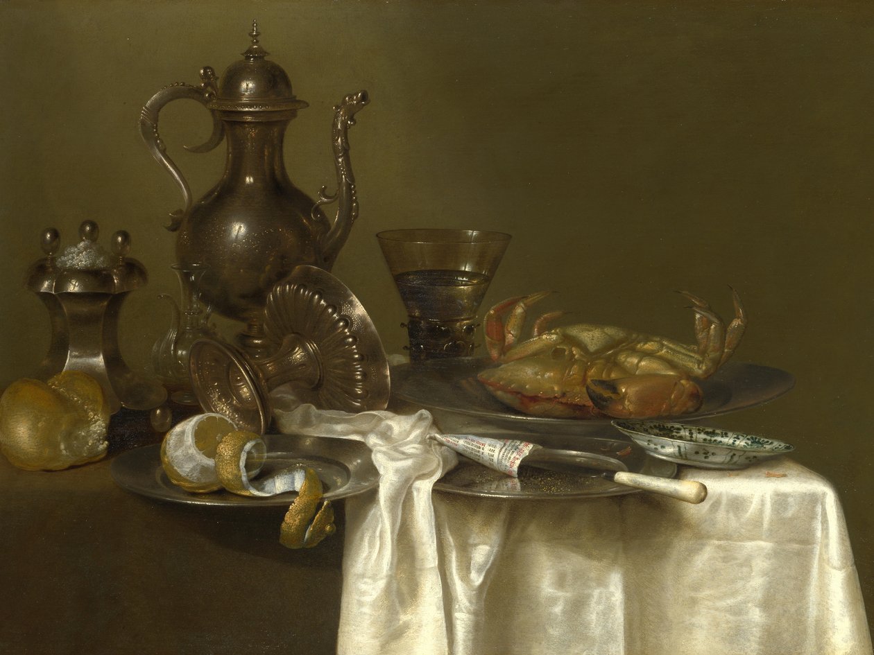 Stilleven: Tin en Zilveren Vaten en een Krab door Willem Claesz. Heda