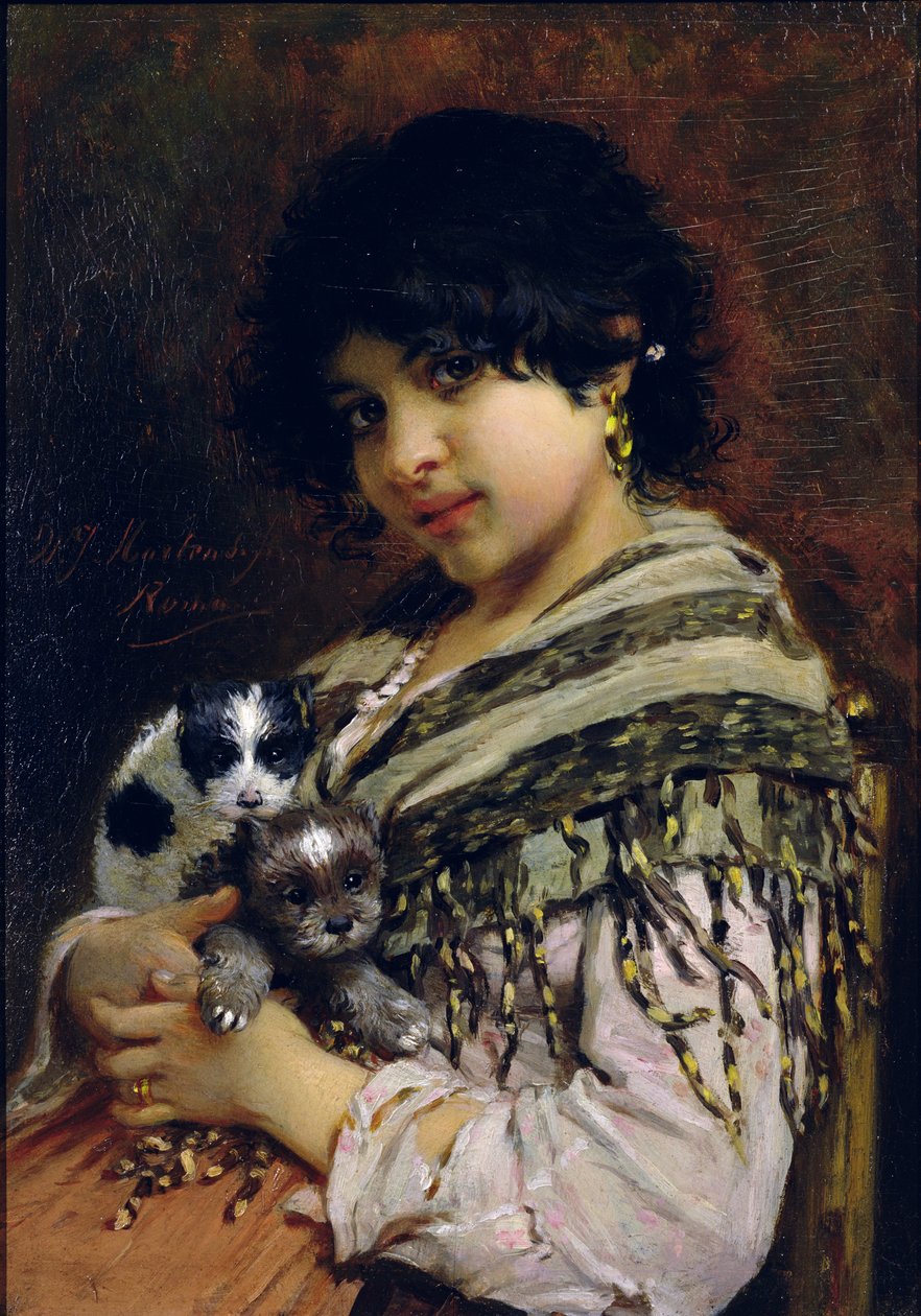 Zigeunermeisje met twee puppy