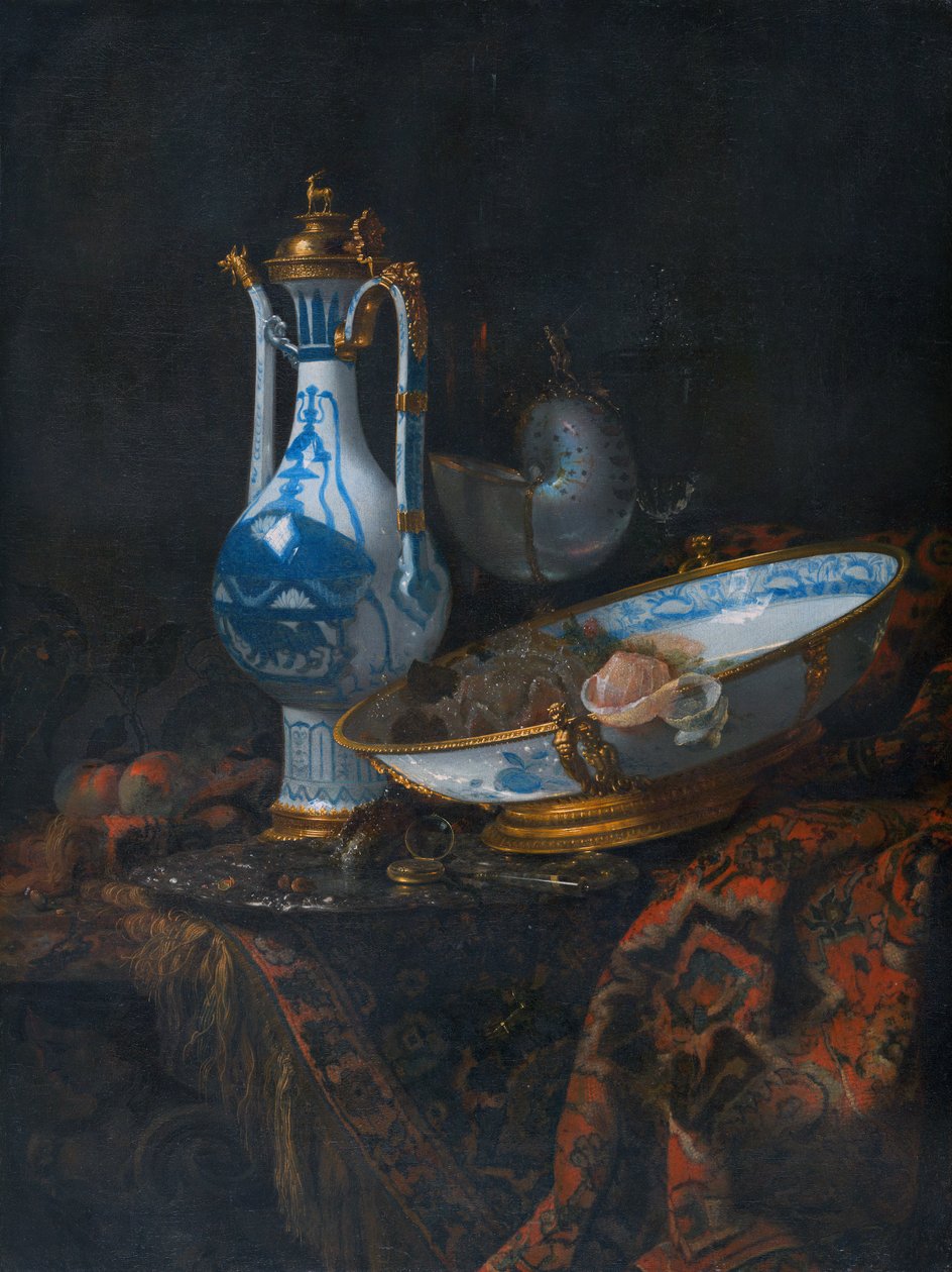 Stilleven met een aquamanile, fruit en een nautilusbeker door Willem Kalf
