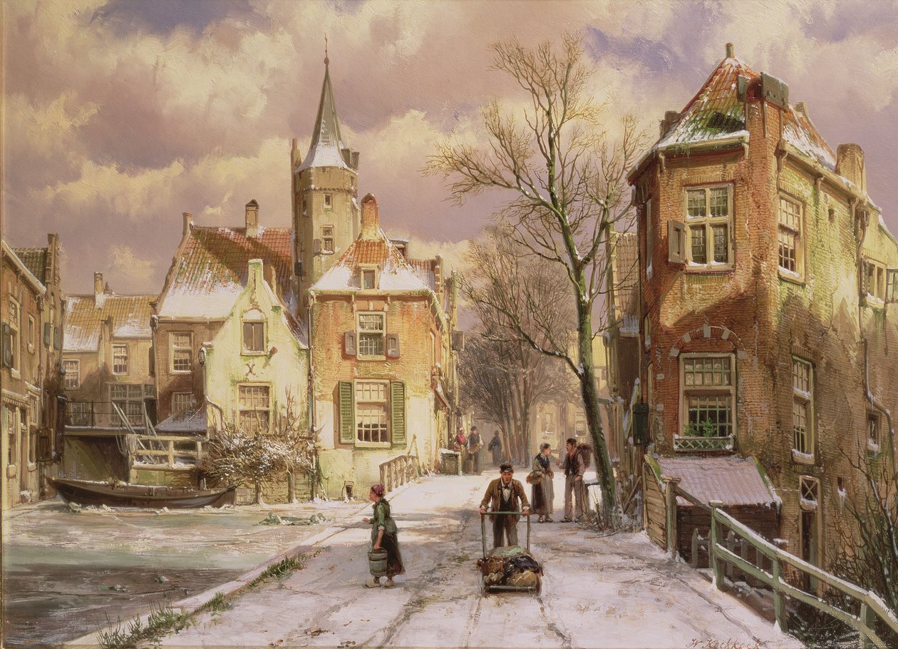 Een kruiwagen duwen in de sneeuw door Willem Koekkoek