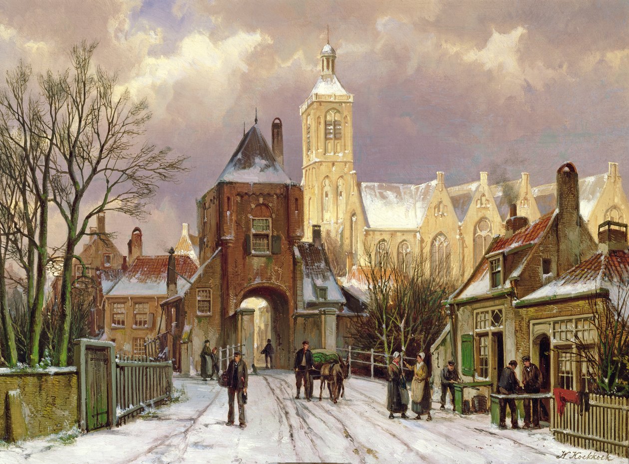 Winterscène in Amsterdam door Willem Koekkoek