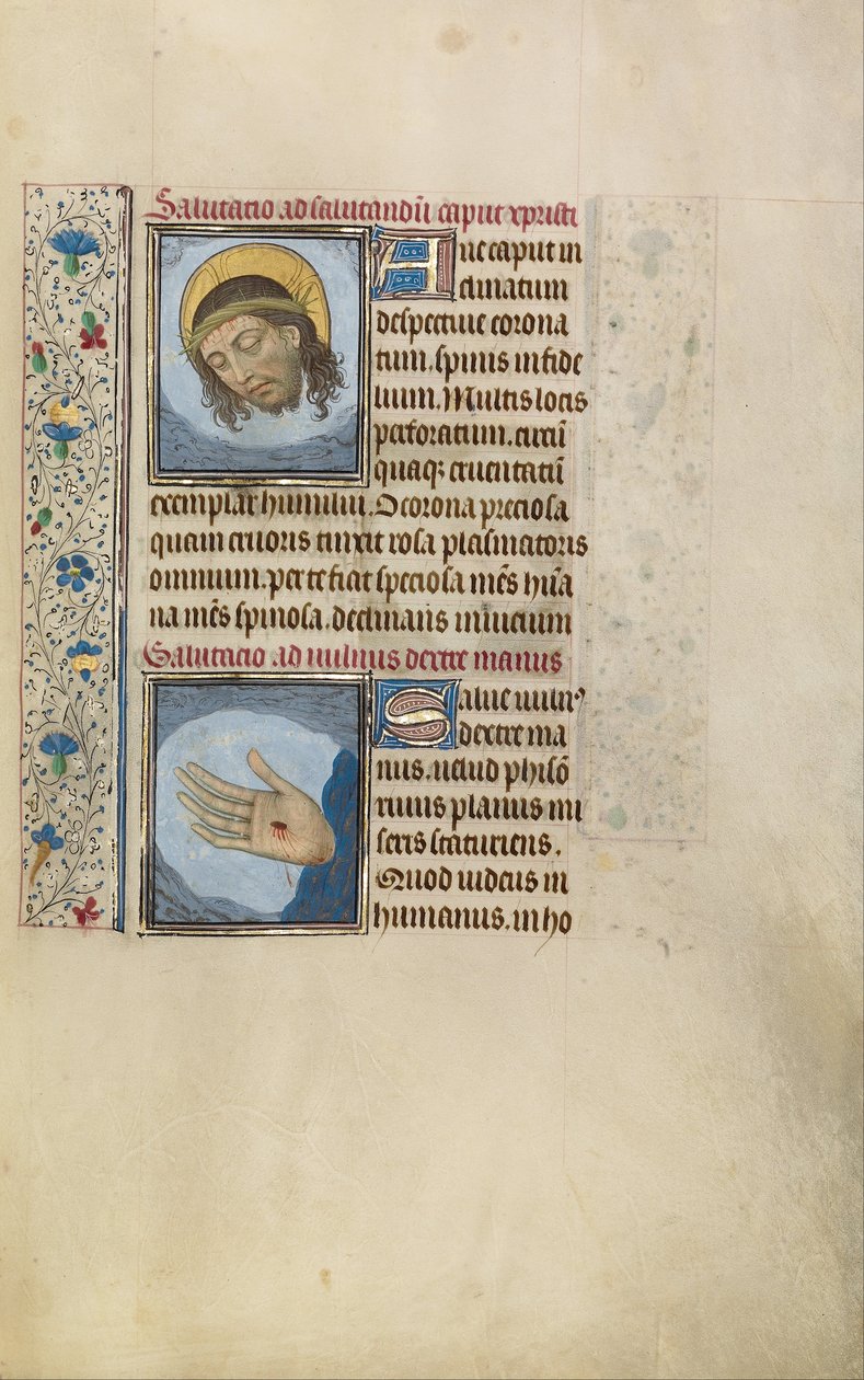 Hoofd van Christus, rechterhand van Christus met wond door Willem Vrelant