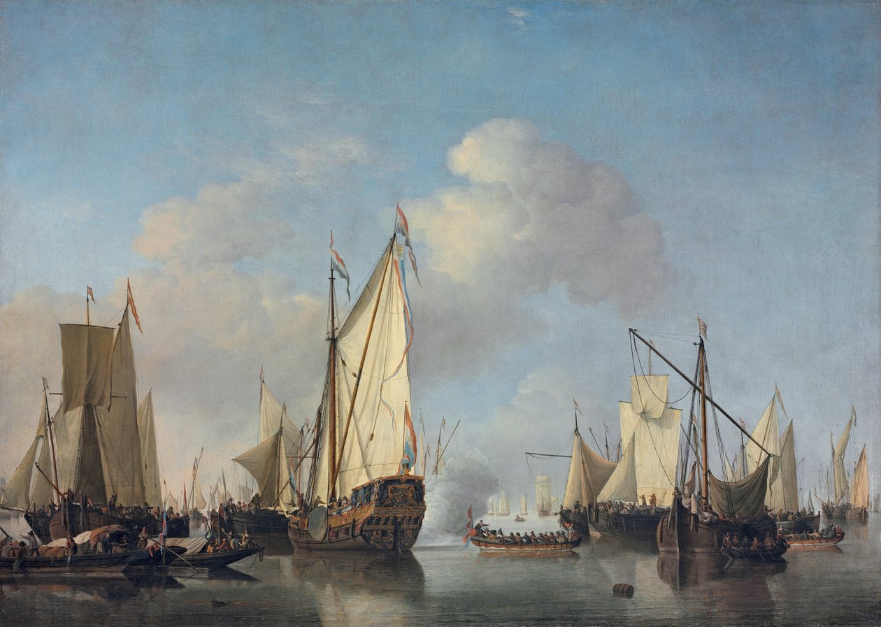 Een staatsjacht en andere schepen in zeer lichte lucht door Willem van de Velde the Younger