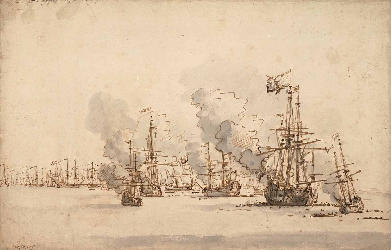 De zeeslag bij la Hogue, ca. 1701 door Willem van de Velde the Younger