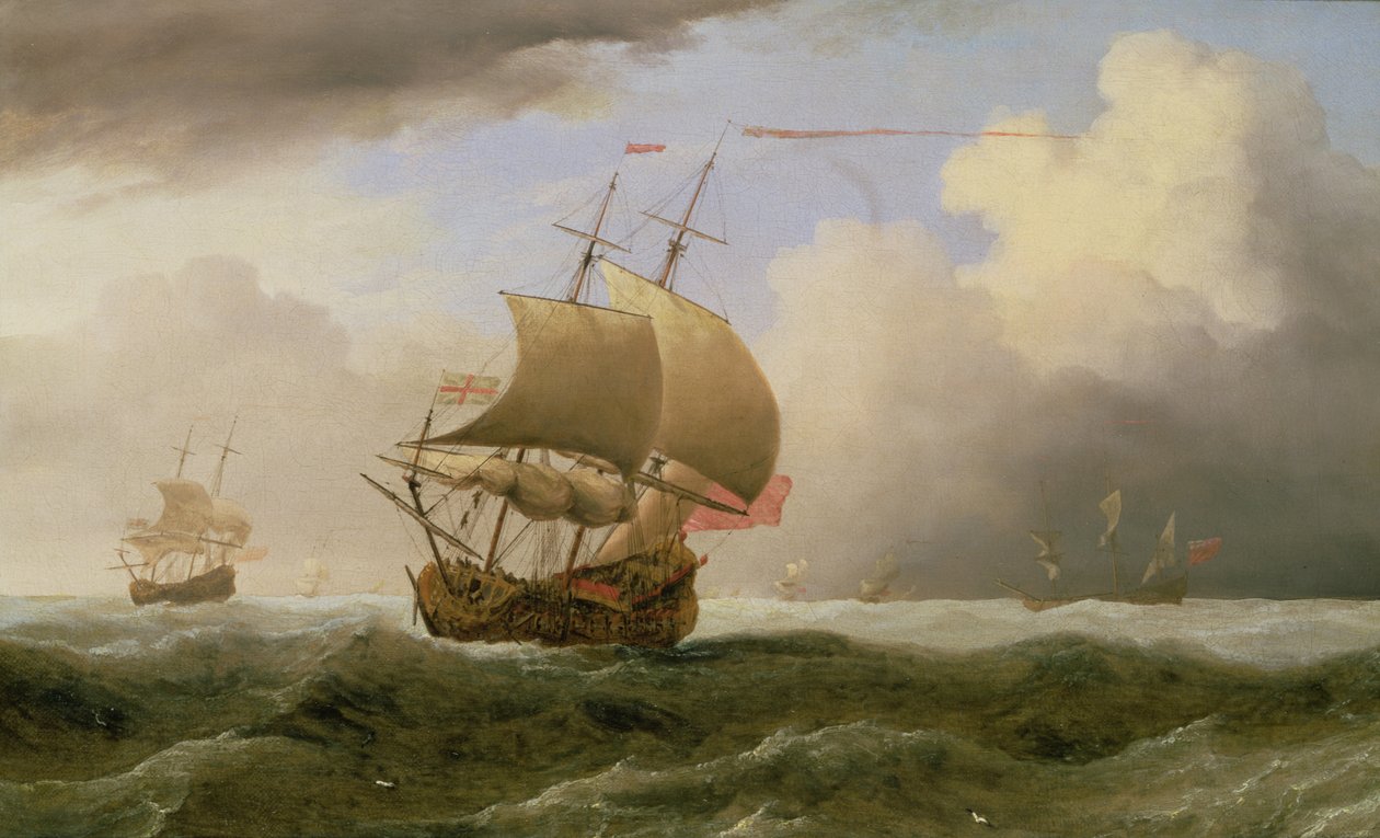 Een Engels schip met volle zeilen in een sterke bries door Willem van de Velde the Younger