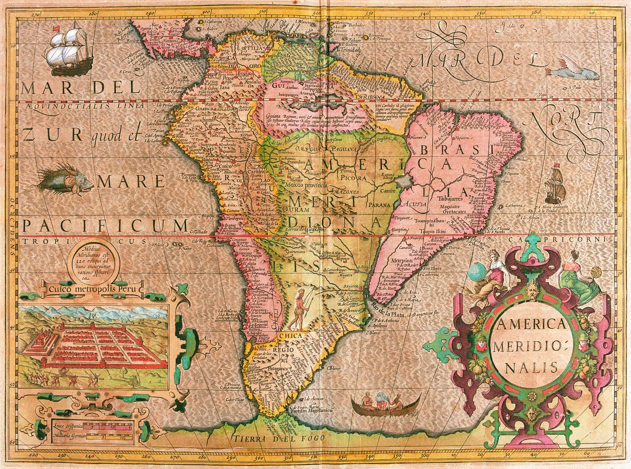 Kaart van Zuid-Amerika (gravure) door Willem Blaeu