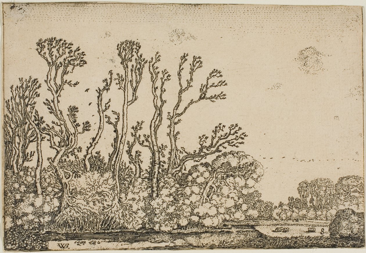 Landschap met Bomen, Vijver en Schapen door Willem Buytewech