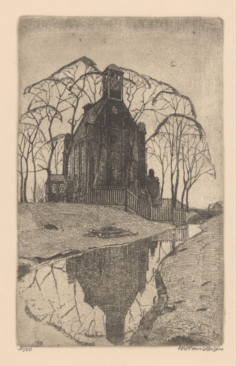 Dorpskerk door Willem Jansen (graveur) (signed by artist)