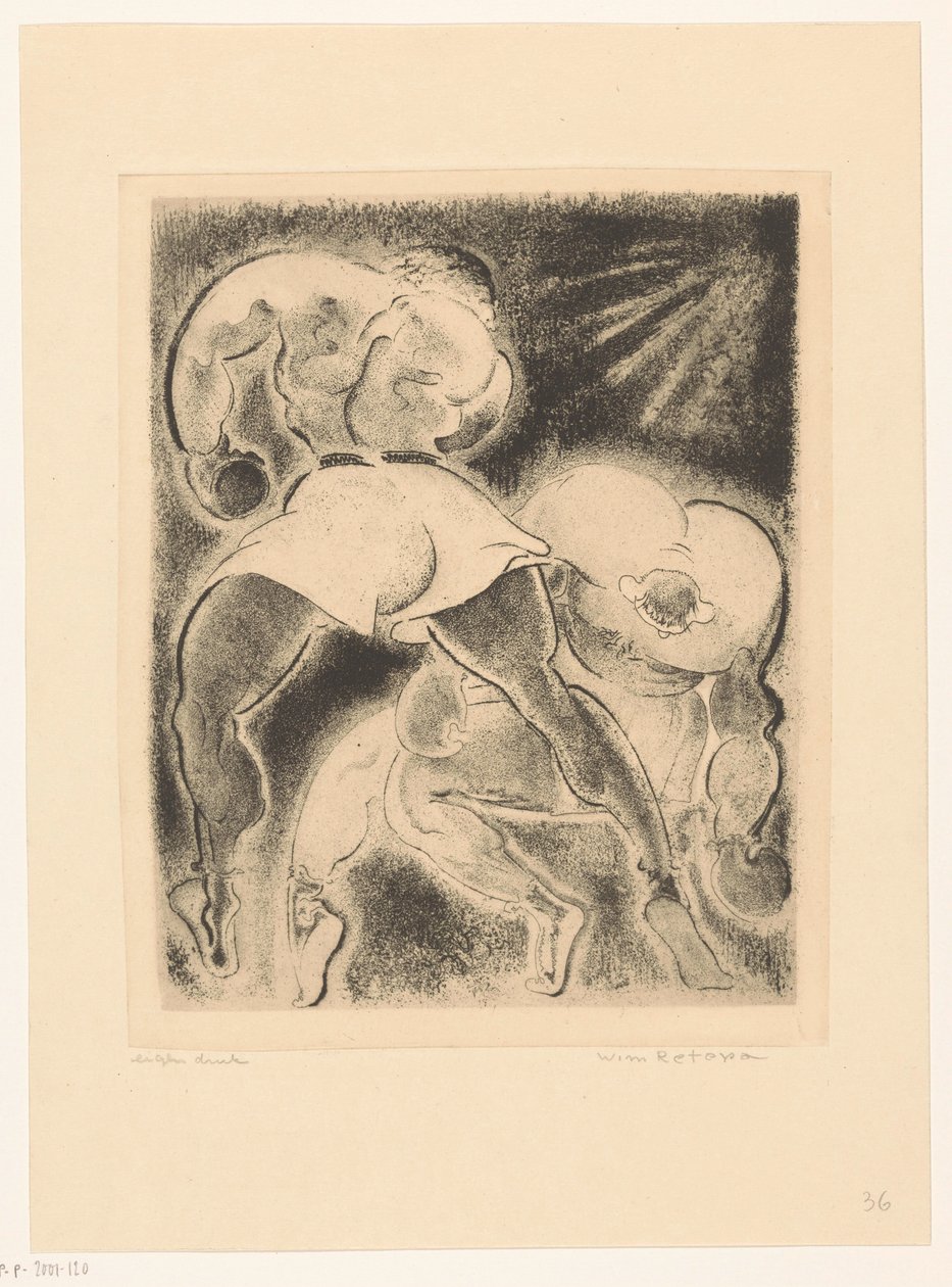 Twee boksende mannen door Willem Retera (signed by artist)